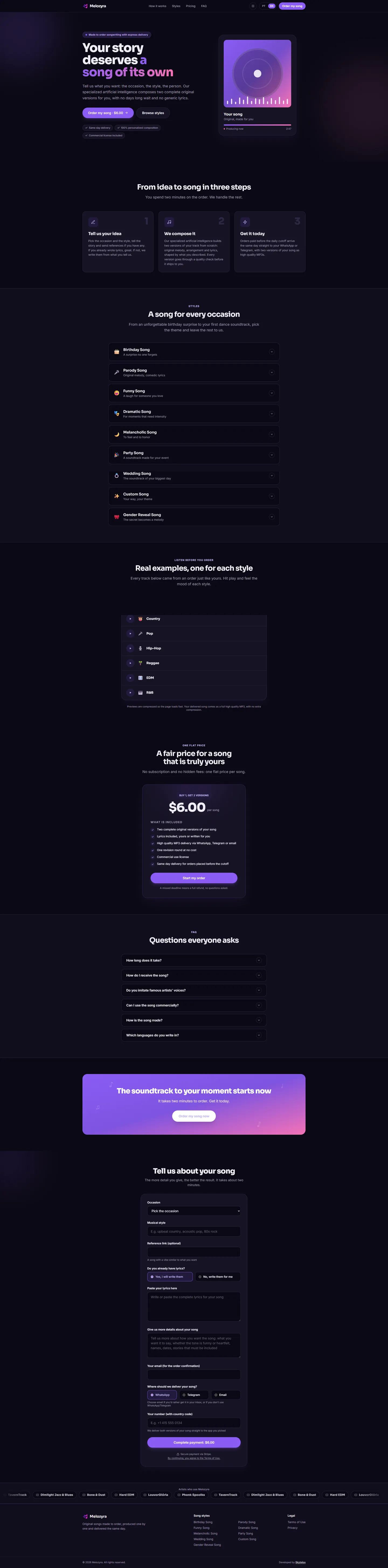 Captura completa do site Melozyra — passe o mouse para navegar pela página
